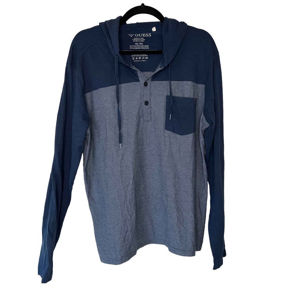Blue and Grey XL Guess Pullover Shirt Hooded Men